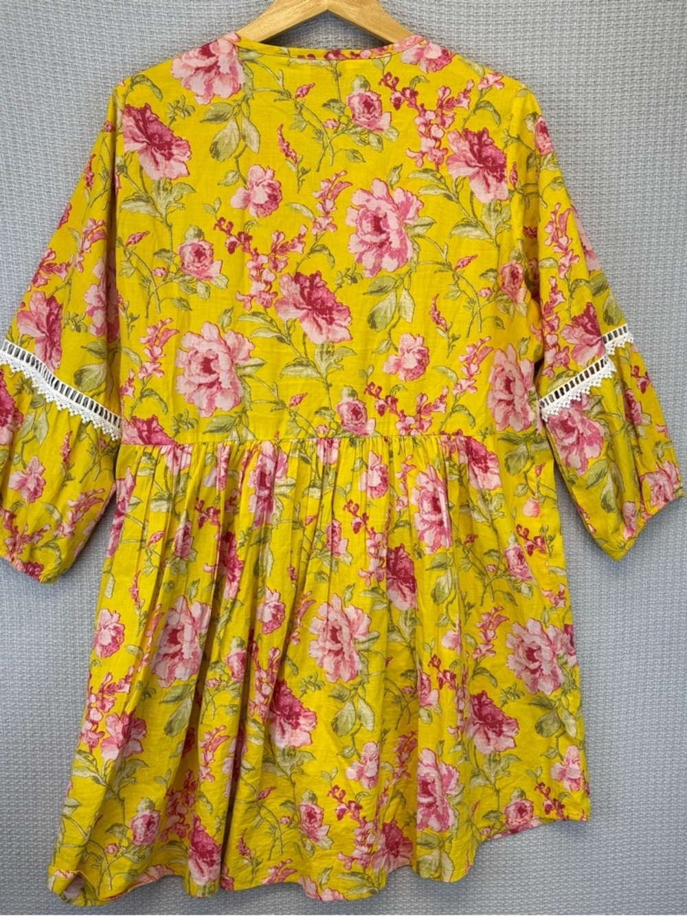 BIBA Yellow Floral Lightweight Boho Hippie Mini Dress Wide Sleeve Boho Sz 40 Med - Picture 6 of 9